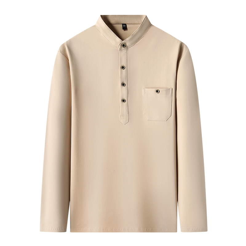立领长袖t恤男士纯棉带扣立领打底衫潮流青年春秋季口袋休闲上衣