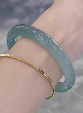 岫玉手镯女圆条少女冰种正品天然青白玉髓手镯冰透浅绿玉镯油青镯