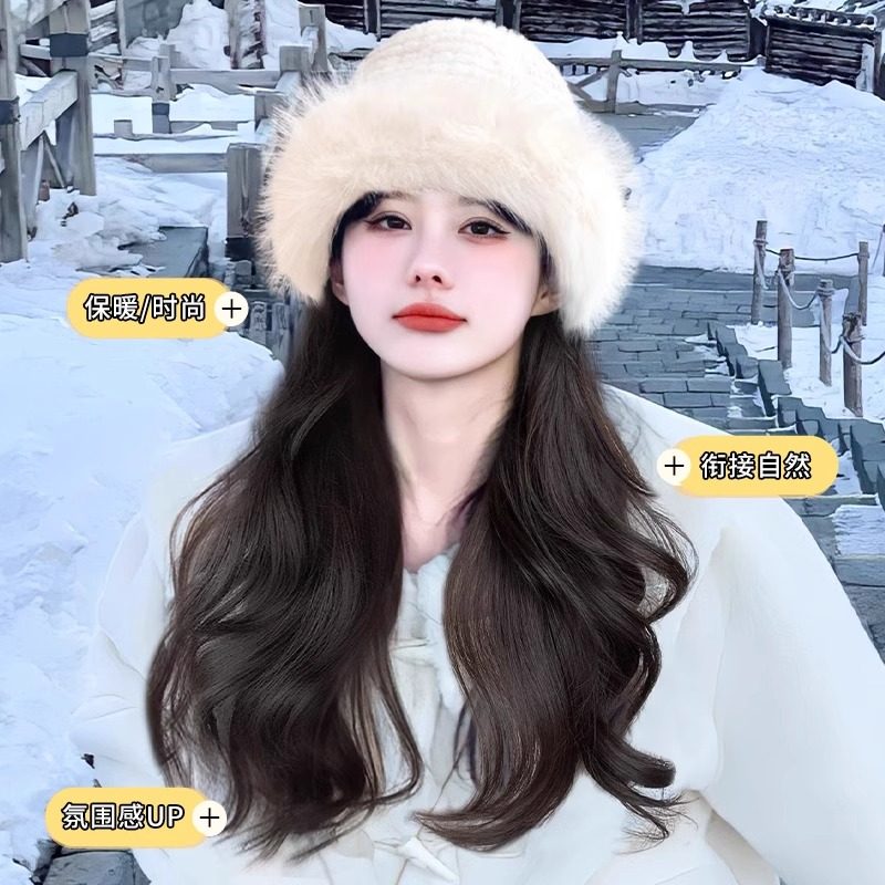帽子假发女全头套仿真人发丝新款秋冬毛绒韩系氛围感大波浪假发帽,淘宝优惠券,粉丝福利购,淘宝优惠卷