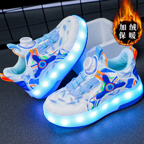 Li Ning Hydrogen Cloud Joint Riot Walking Shoes Boy Shoes Winter Plus Suede Children Sports Skate Shine Double Wheel Pulley Shoes