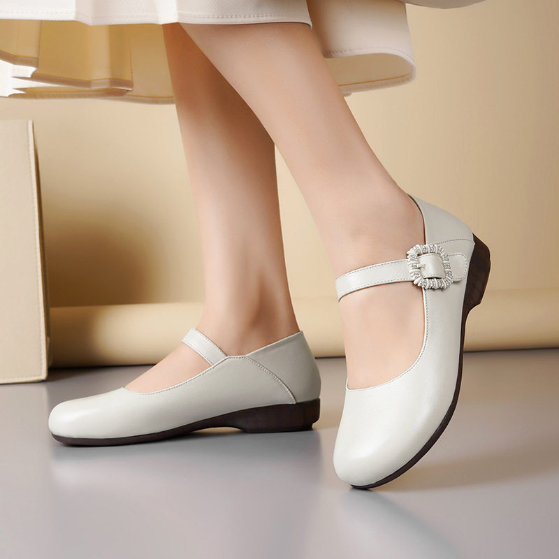 真皮软底浅口单鞋女春季新款平底防滑百搭圆头妈妈皮鞋一字扣女鞋,淘宝优惠券,粉丝福利购,淘宝优惠卷