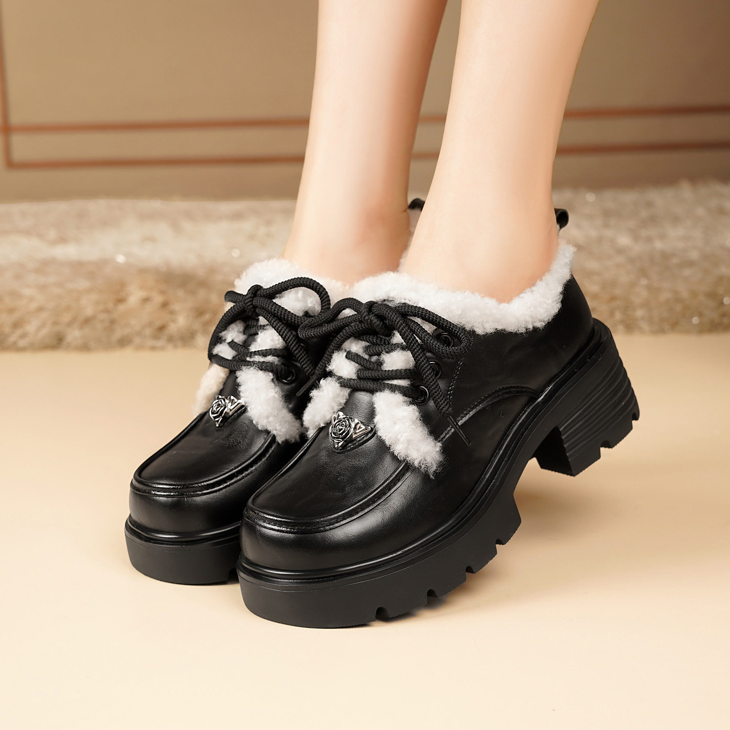 冬季小个子加绒乐福鞋女秋冬新款系带棉鞋毛毛豆豆鞋增高厚底皮鞋,淘宝优惠券,粉丝福利购,淘宝优惠卷