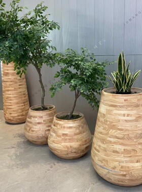 玻璃钢仿木纹花盆创意组合