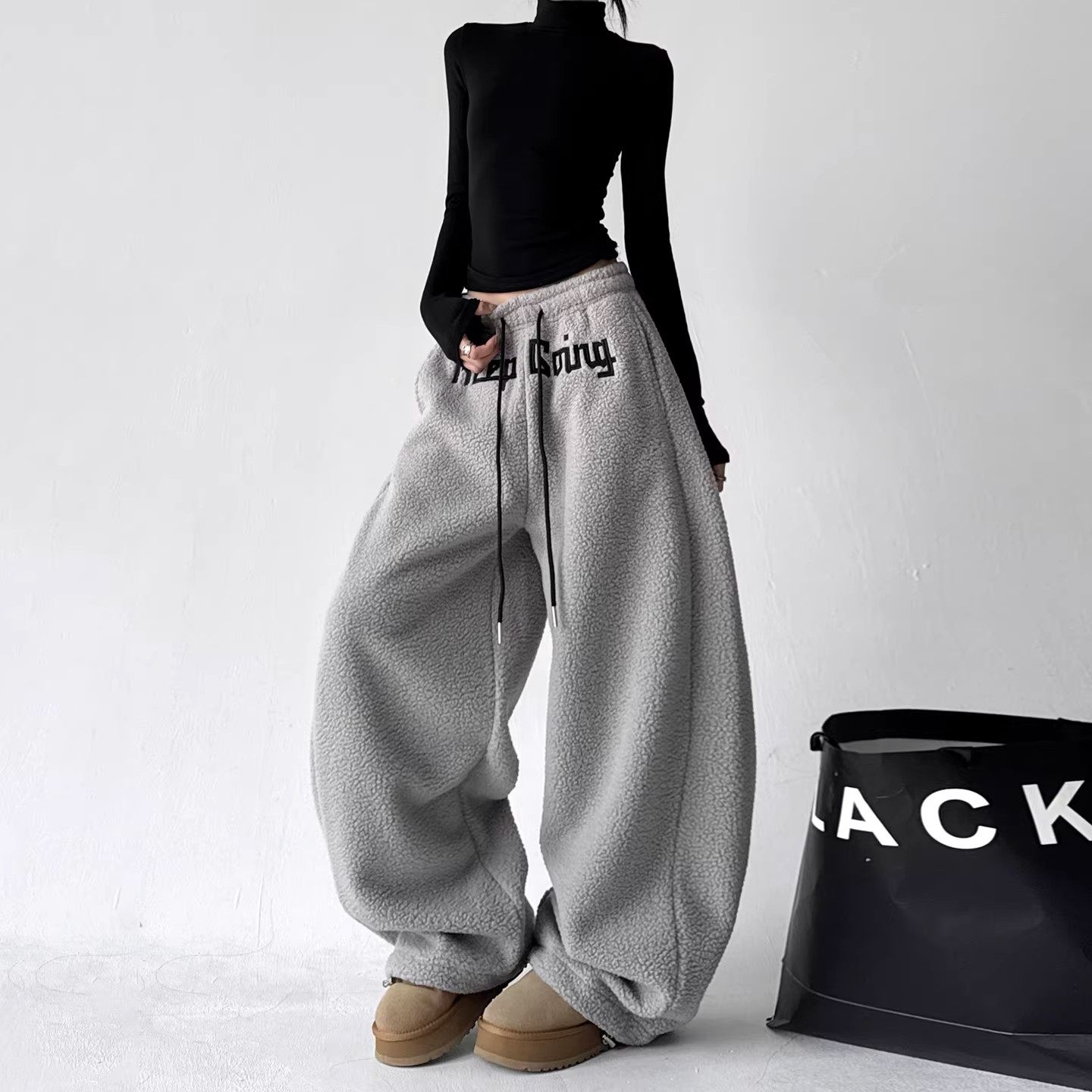 MDCW STUDIO美式慵懒风羊羔毛宽松阔腿裤女2025冬装保暖休闲裤子,淘宝优惠券,粉丝福利购,淘宝优惠卷