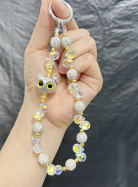 手机链条高货钥匙挂绳可爱猫咪水晶手机链卡片含扣新款水钻挂链女