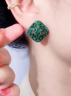 绿色满钻水晶方形耳钉女韩国气质复古高级感耳饰精致时尚耳环