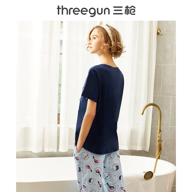 三枪官方旗舰店三枪睡衣女纯棉薄春夏短袖纽约设计师款居家全棉女士家居服套装0