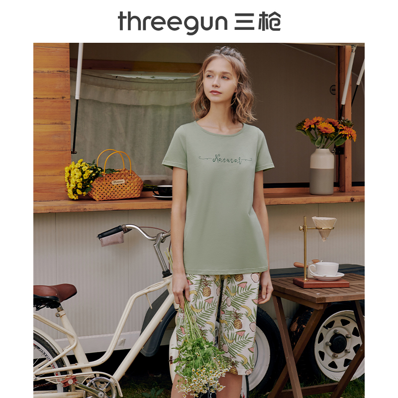三枪官方旗舰店三枪睡衣女纯棉夏季夏天运动休闲宽松短袖中裤居家套装家居服女士0