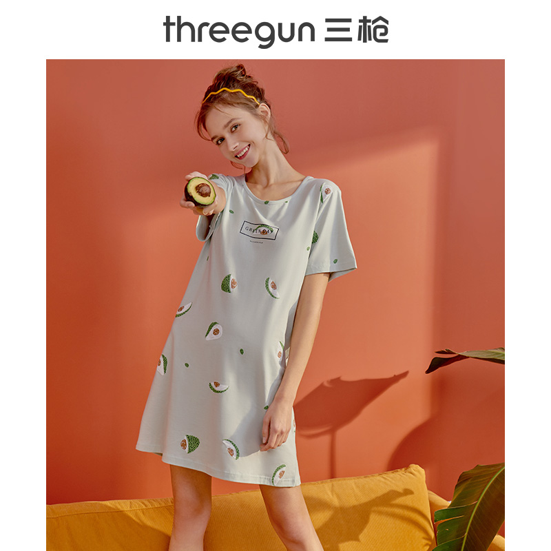 三枪官方旗舰店三枪睡裙女春夏短袖纯棉显瘦水果印花可爱休闲宽松睡衣睡衣裙女士0