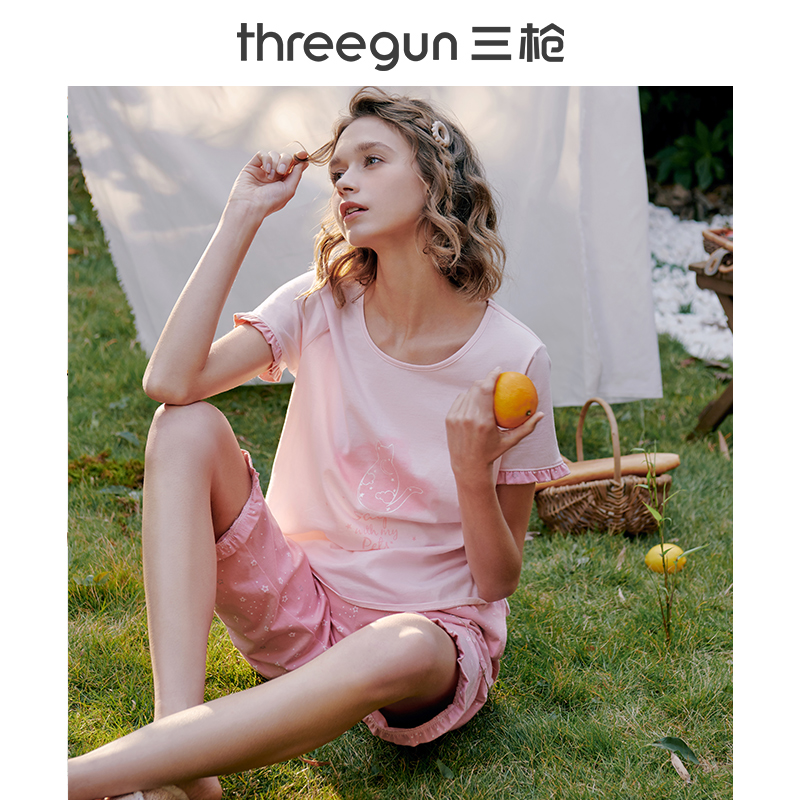 三枪官方旗舰店三枪家居服女纯棉夏季夏天花边印花短袖中裤休闲居家睡衣套装女士0