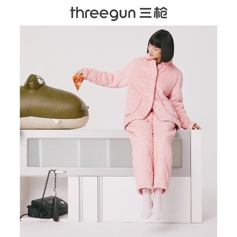 三枪官方旗舰店三枪睡衣男女冬季牛奶绒加绒加厚夹棉翻领开襟保暖情侣家居服套0