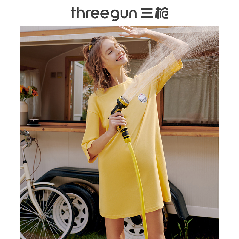 三枪官方旗舰店三枪纯棉睡裙女夏季薄宽松七分袖新款显瘦大码可爱少女睡衣裙1