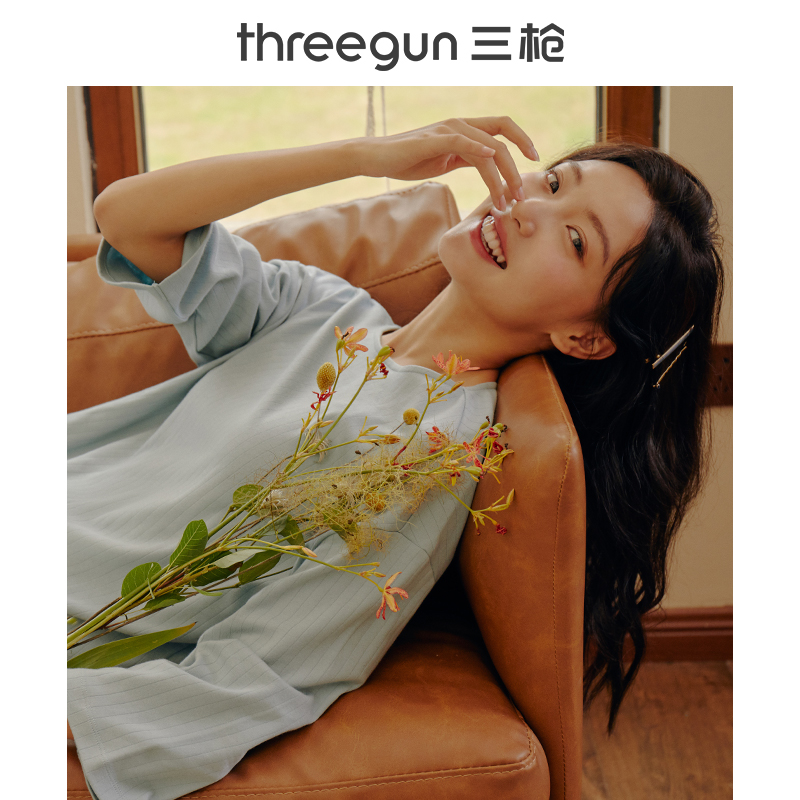 三枪官方旗舰店三枪睡衣上衣女单件纯棉一字领宽松落肩居家简约秋季家居服上装0