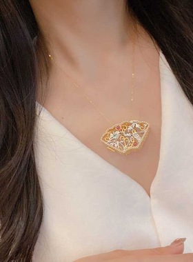 扇形白玉镂空设计吊坠嵌双色工艺宫廷小鸟镀金可打开香囊项链吊坠