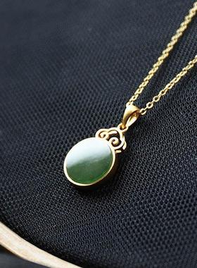 合金镀金锁骨项链镶嵌圆形碧玉吊坠古典简约民族风百搭颈饰品项坠