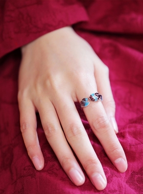 镀S925银国潮景泰蓝荷花开口戒指