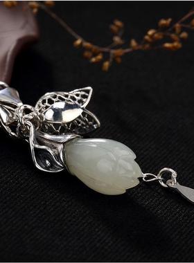 女款玉兰花白玉镀银可调节手链