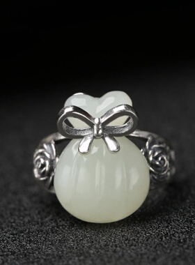 新款和田玉S925纯银戒指开口钱袋