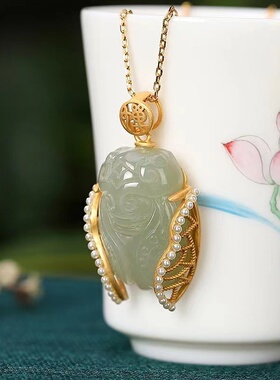 金蝉竹节纯银项链女古法金原创小众设计高级感新中式碧绿吊坠项链