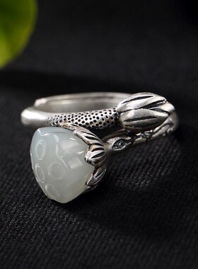 复古原创银镶嵌小众设计莲花戒指