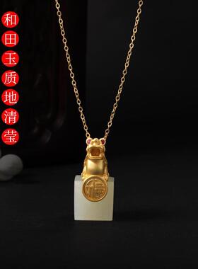 合金镀金锁骨项链镶嵌貔貅印章吊坠护身符复古民族风中式项坠颈饰