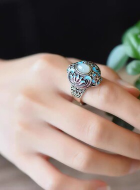 复古宫廷戒指s925纯银和田玉指环