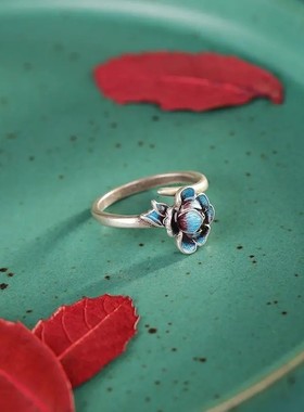 设计师款烧蓝景泰蓝镀s925银戒指