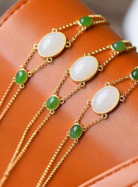 镀金手链镶嵌天然白玉复古手串气质高级感民族风饰品送女朋友礼物