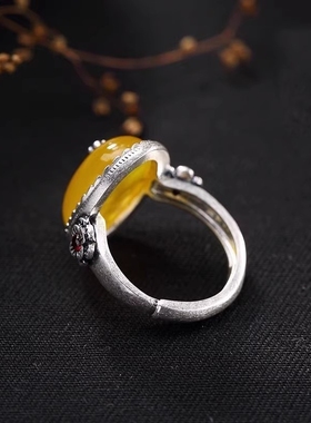 S925银石榴红天然黄玉髓戒指