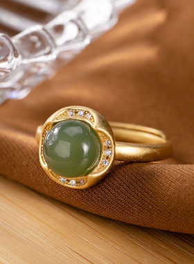 镀金镶嵌天然白玉青玉女款活口戒指时尚个性气质花苞民族风指环