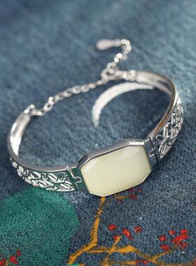 合金镀银活口手镯镶嵌白玉复古气质手链女民族风手环中式手饰品礼