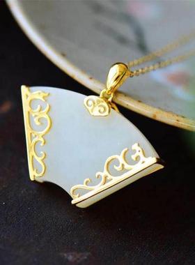 新款扇形白玉平安牌镀金项链锁骨链古风中式古典经典民族风吊坠