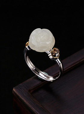 S925纯银镀金天然和田玉玫瑰花戒