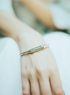 开口实心手镯女925镀银镶天然玉