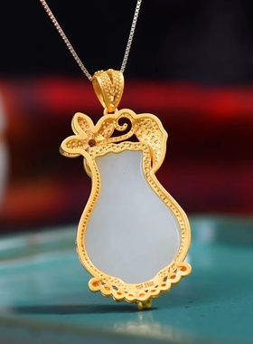 和田白玉花瓶珐琅宫廷复古高级百搭吊坠汉服配饰玉坠项链女士款