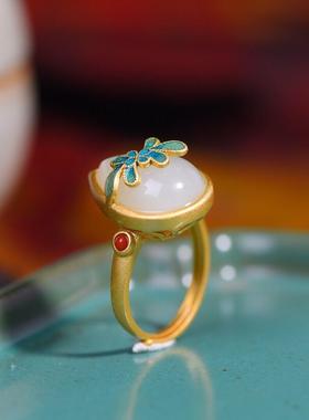 女款珐琅彩水滴白玉镀金活口戒指