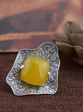 新款复古风时尚个性设计雕琢黄玉髓精致夸张指环戒指开口女士款