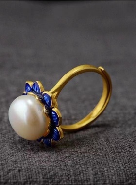 新款银鎏金镶嵌天然珍珠景泰蓝工艺精工个性时尚百搭开口戒指女款