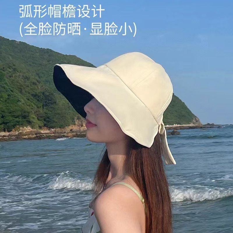 防晒遮阳帽子女夏防紫外线遮脸骑车太阳帽蝴蝶结渔夫帽黑胶贝壳帽-图1