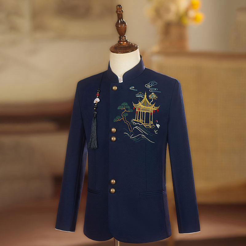 儿童新年中式西装中山装男童拜年主持人礼服国风演出表演刺绣国潮,淘宝优惠券,粉丝福利购,淘宝优惠卷