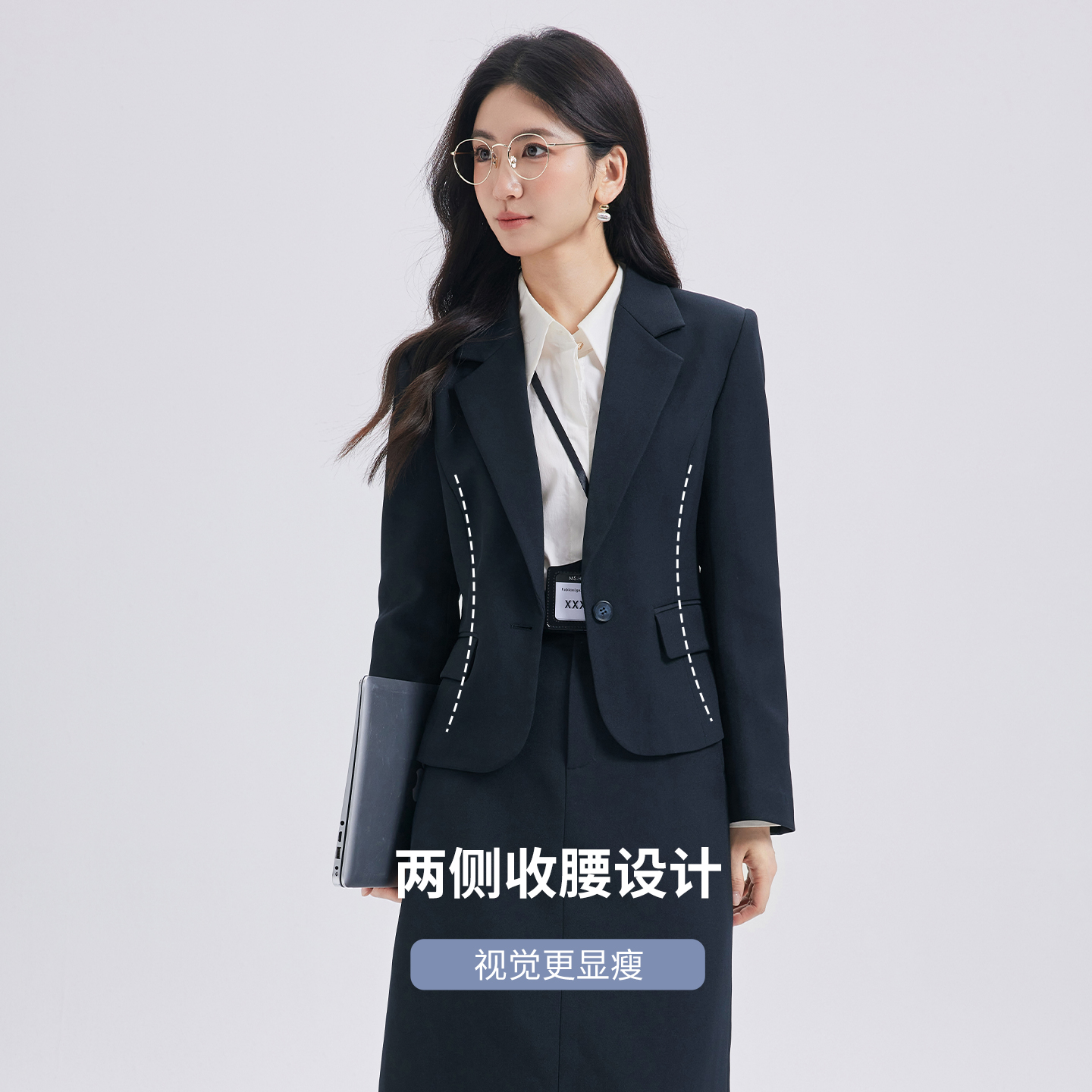 图曼朵藏青色西装套装女2025秋季职场ol通勤面试正装西服外套套裙 - 图0