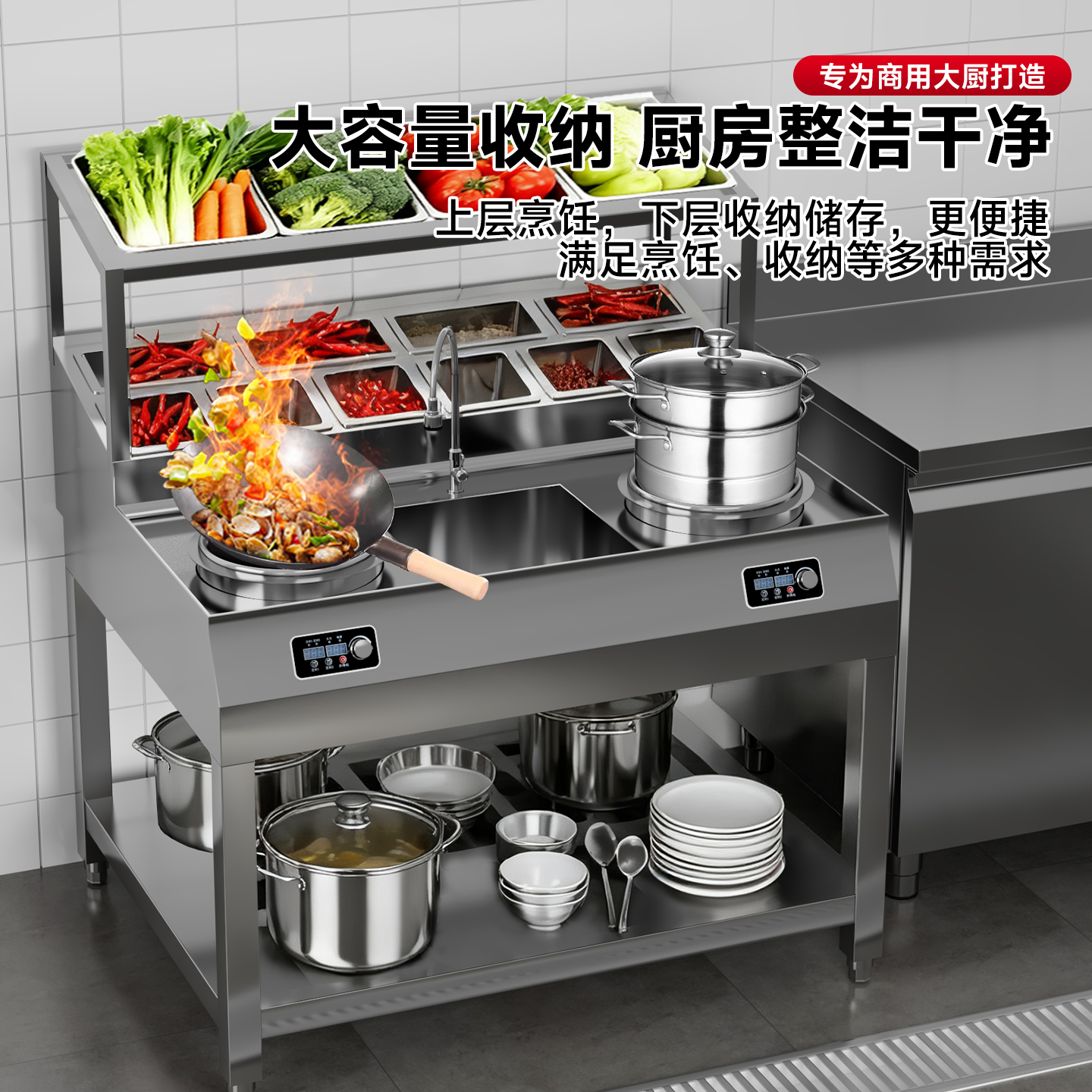 志高商用电磁炉小炒灶立式柜式大功率爆炒电磁灶带水池水槽可定制 - 图1