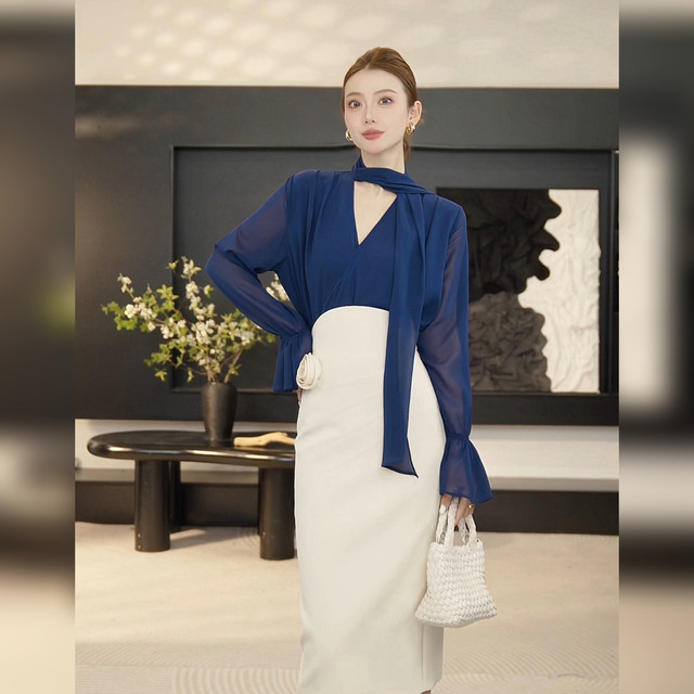 2026 Summer Shirt Commuting Ribbon Design Bell Sleeve Chiffon Long Sleeve Shirt 710384