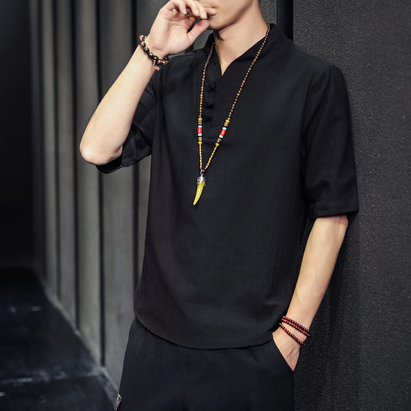 中国风男装盘扣亚麻短袖男复古t恤 贵状T恤