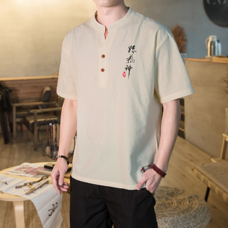 棉麻男短袖上衣服复古中国风潮t恤 贵状T恤