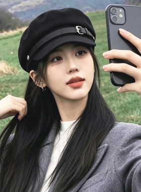 秋冬英伦显脸小皮带扣报童帽女