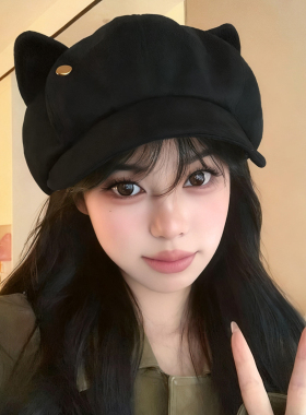 可爱猫耳朵八角贝雷帽女秋冬日系