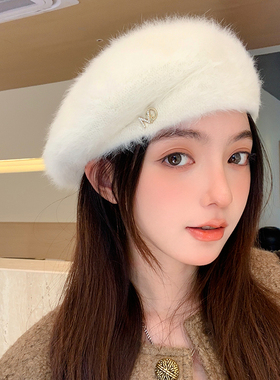 韩系兔毛贝雷帽秋冬帽子显脸小女