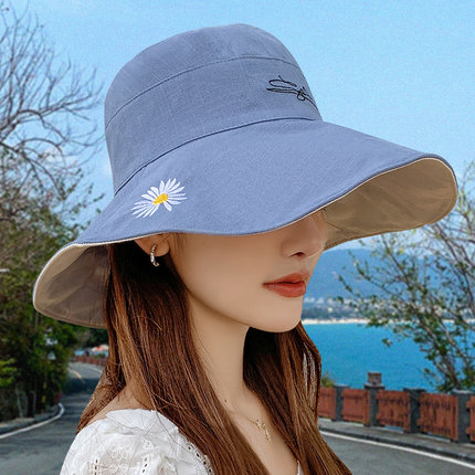 欢韵旗舰店小雏菊双面渔夫帽女韩版百搭潮夏遮阳大帽檐遮脸防晒紫外线太阳帽2