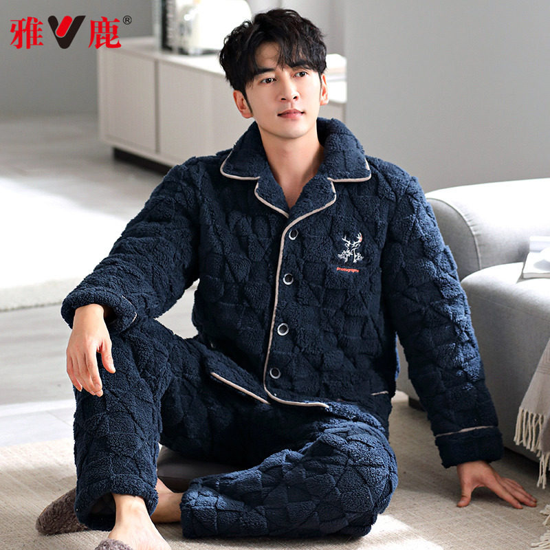 雅鹿珊瑚绒夹棉睡衣男士冬季三层加厚加绒2025年新款家居服秋冬天,淘宝优惠券,粉丝福利购,淘宝优惠卷